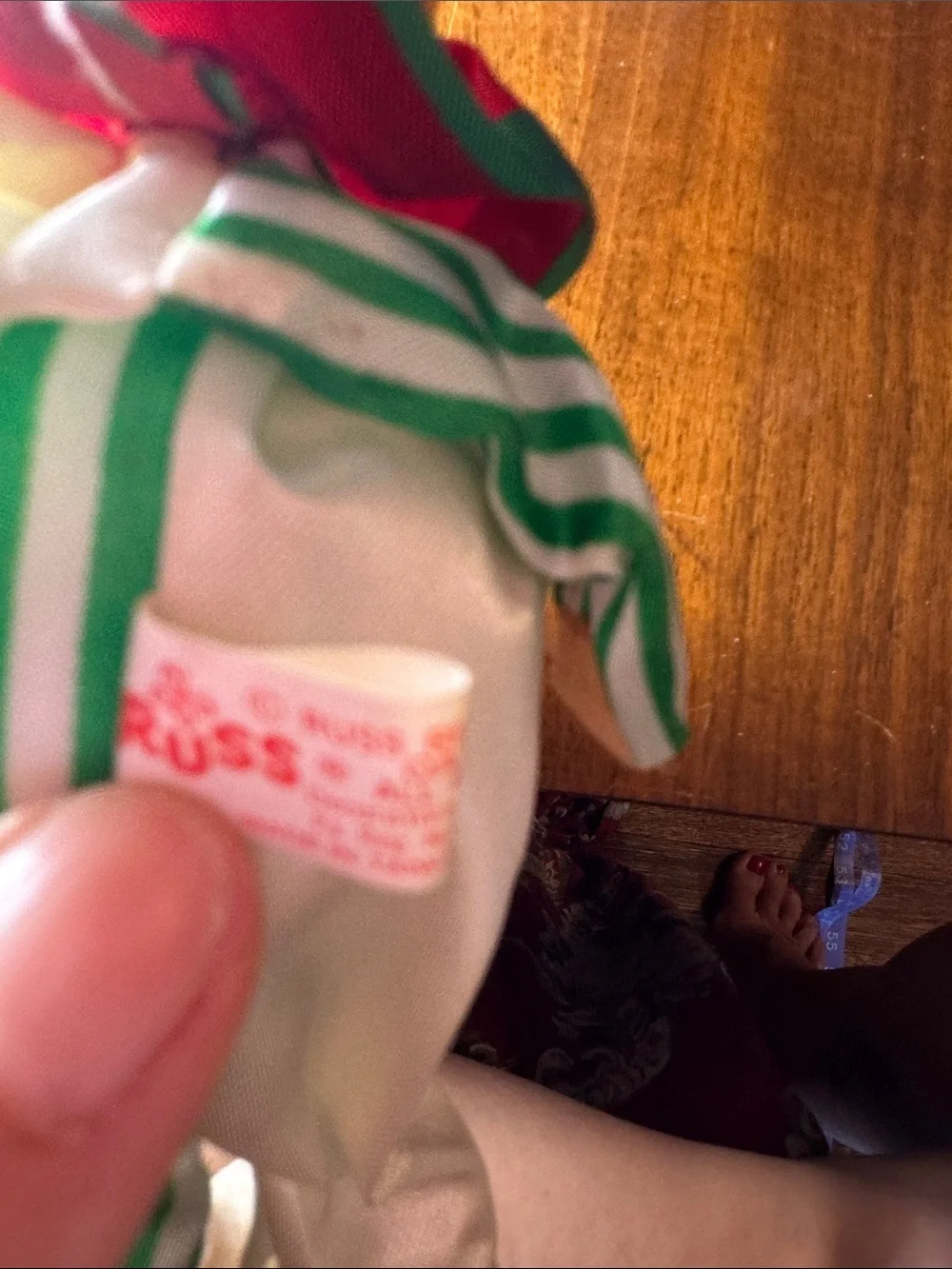 Vintage Russ Berrie clown ornament with green and white striped suit & a drum